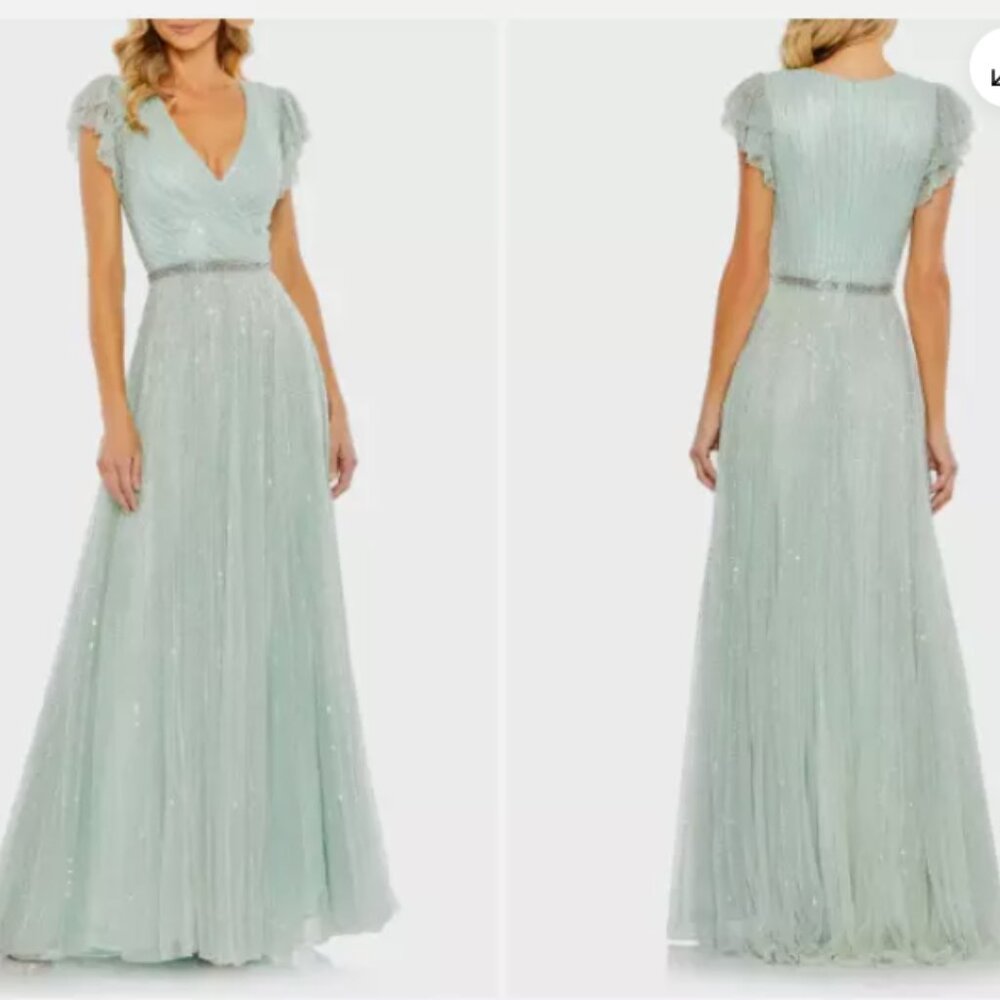 MAC DUGGAL 5502 SEQUINED WRAP OVER RUFFLED CAP SLEEVE SEAMIST GOWN sz 2